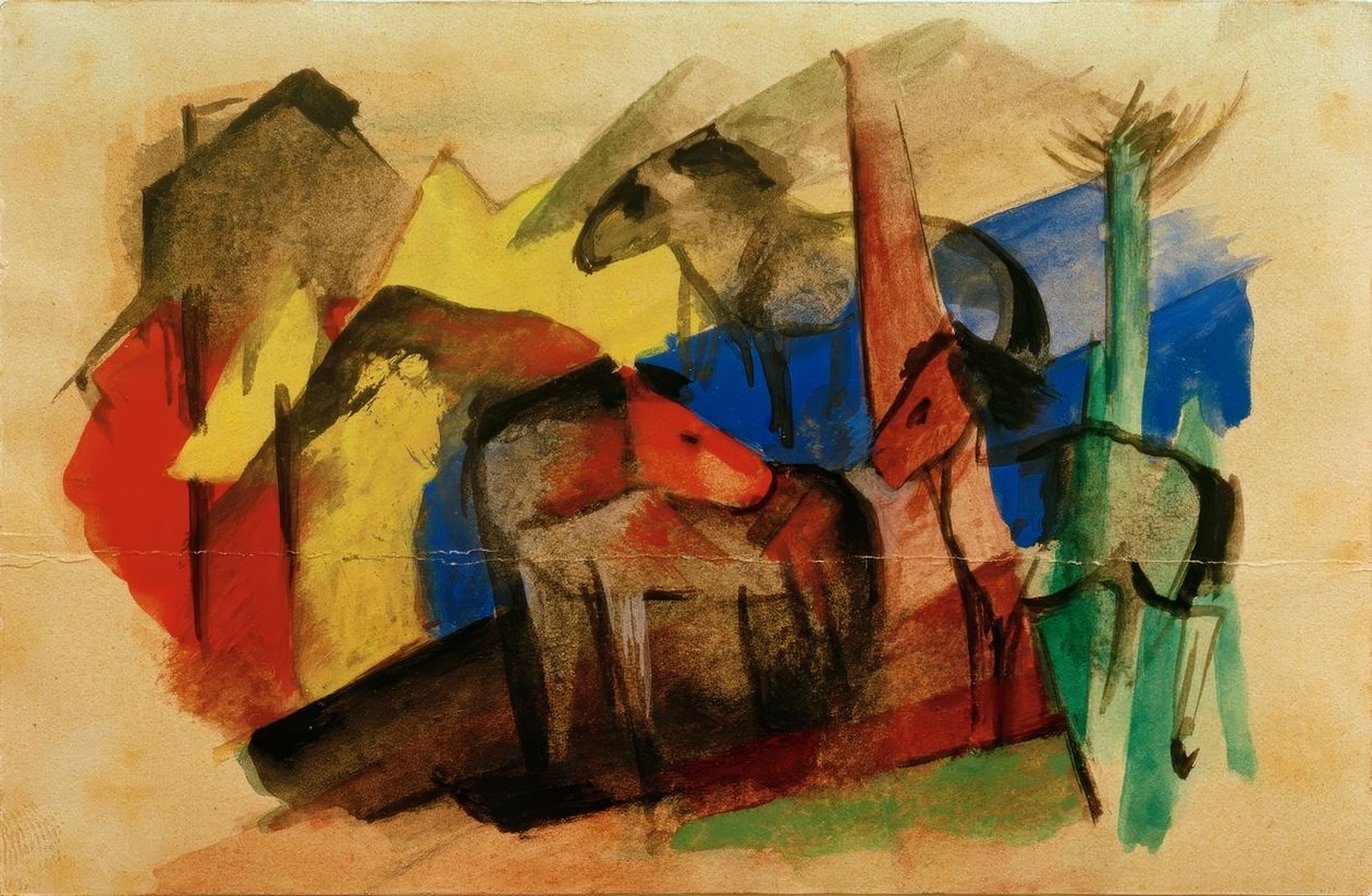 Tres caballos en paisaje con casas de Franz Marc