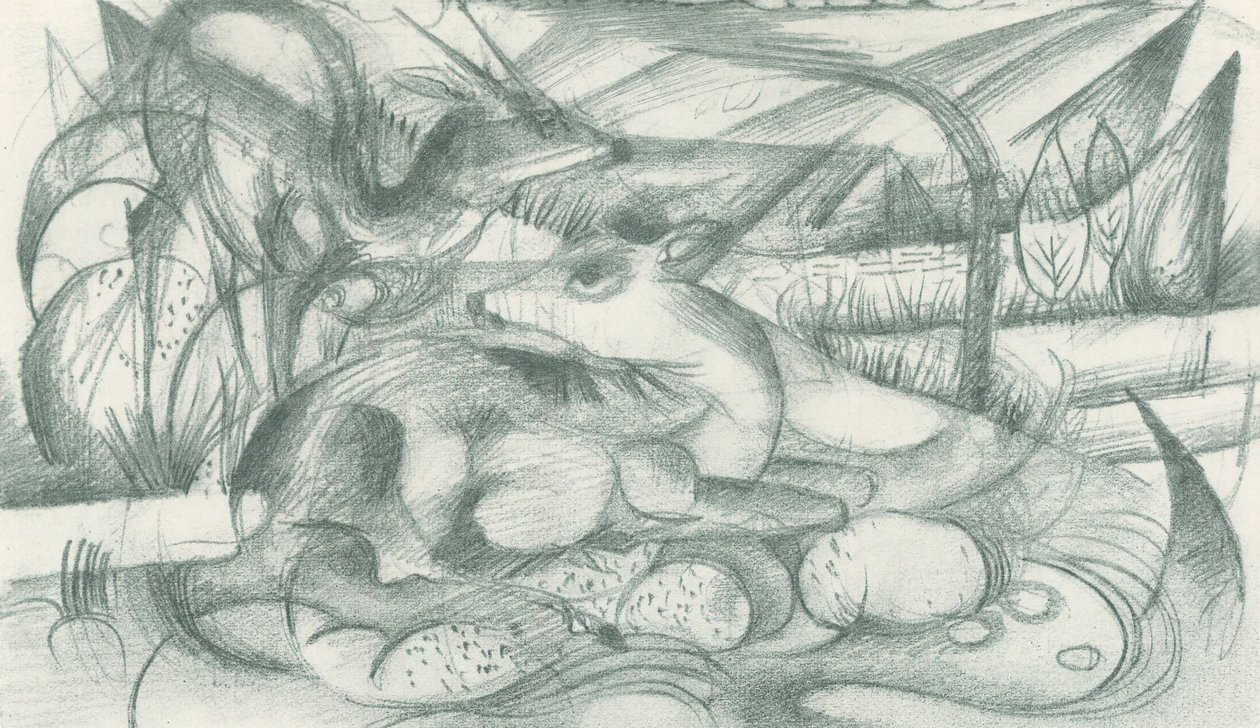 Ciervo y cierva en un paisaje primigenio de Franz Marc