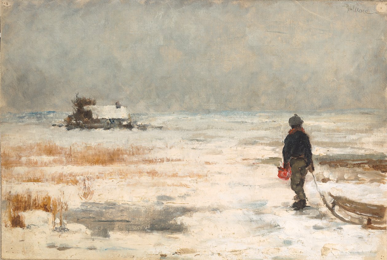 Niño con trineo en un paisaje invernal de Franz Marc