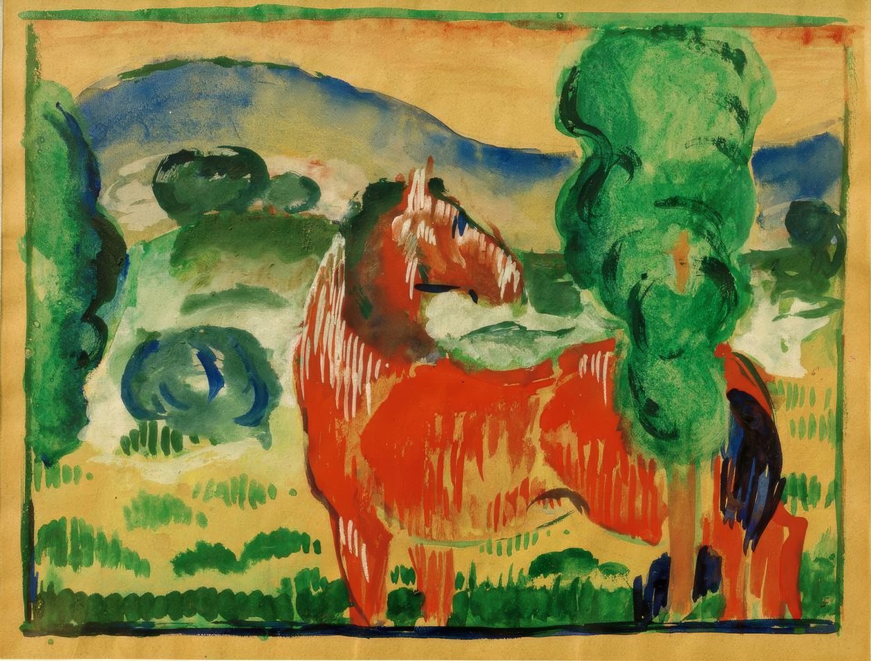 Caballo rojo en paisaje colorido de Franz Marc
