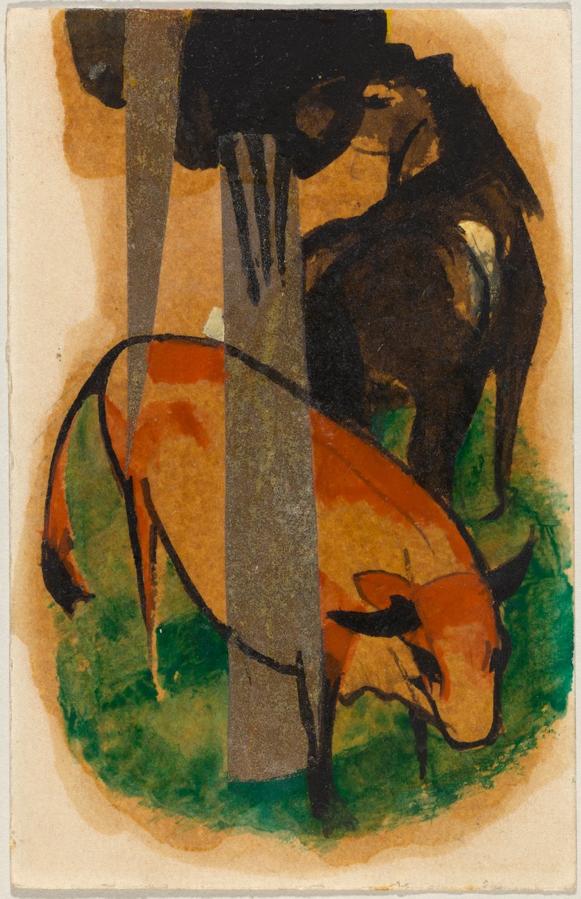 Rotes Pferd und gelbes Rind, Postkarte aus Sindelsdorf an Alfred Kubin de Franz Marc