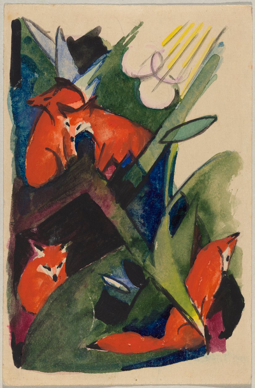 «Cuatro zorros», Franz Marc desde Sindelsdorf a Wassily Kandinsky en Múnich: postal, matasellos 04.02.1913 de Franz Marc