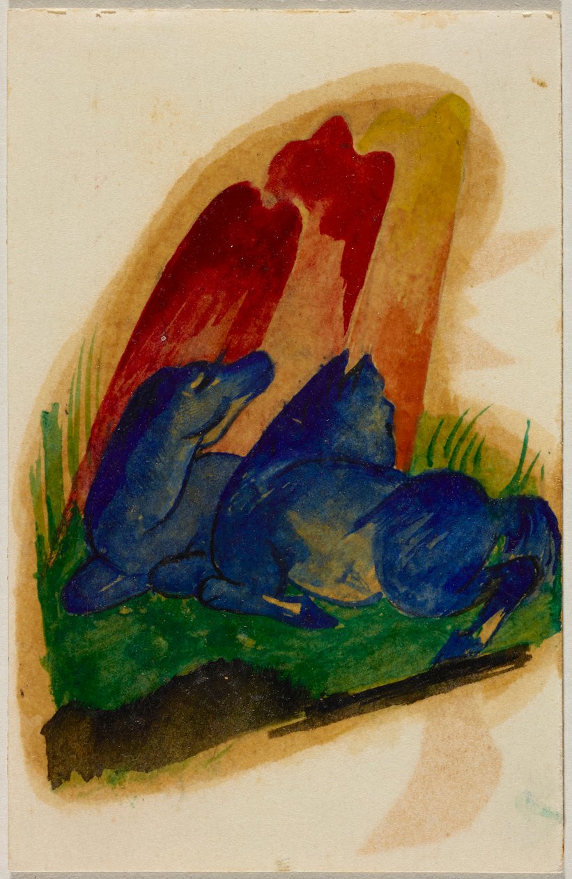 Zwei blaue Pferde vor rotem Felsen, Postkarte aus Sindelsdorf an Wassily Kandinsky in München de Franz Marc