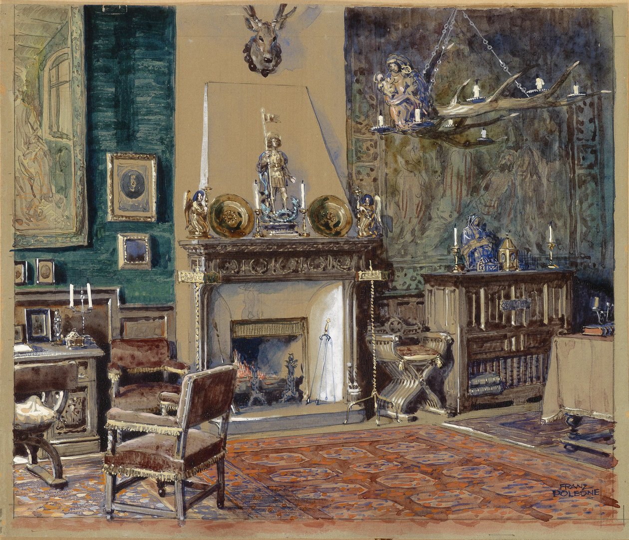 Sala de caballeros con chimenea de Franz Poledne