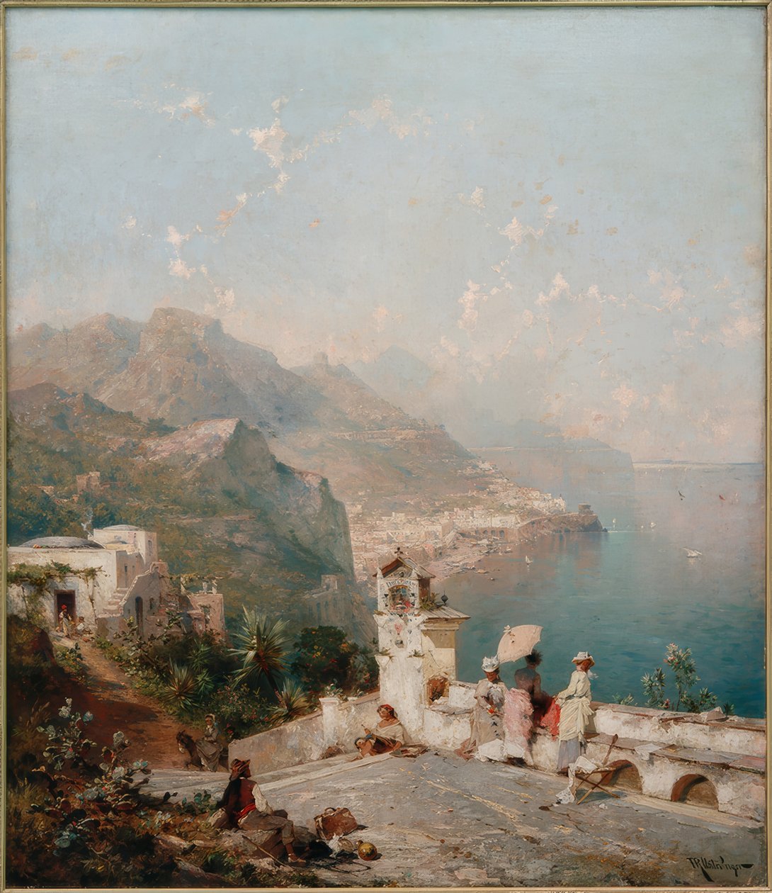 Damas elegantes contemplan el Golfo de Salerno de Franz Richard Unterberger