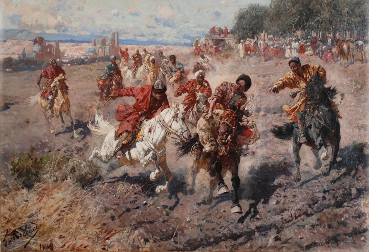 Cherkess celebrando el fin de Muharram con el deporte ecuestre de la carrera por el cordero premio, 1889 de Franz Roubaud