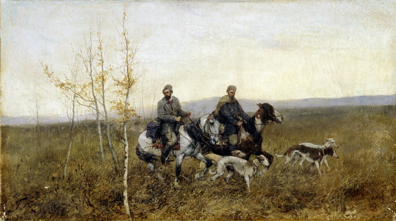 Los cazadores. Pintura de Franz Roubaud (1856-1928), óleo sobre lienzo de Franz Roubaud