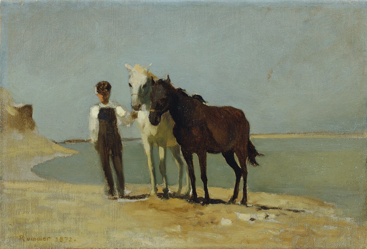 Un niño con caballos en la playa. de Franz Rumpler