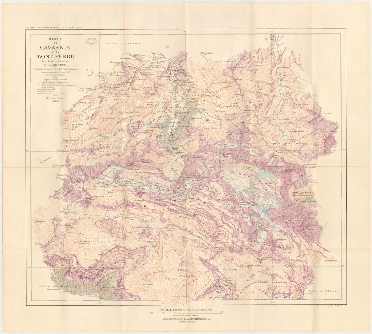 Mapa del macizo de Gavarnie y de la Montaña Perdida publicado en 1914 de Franz Schrader