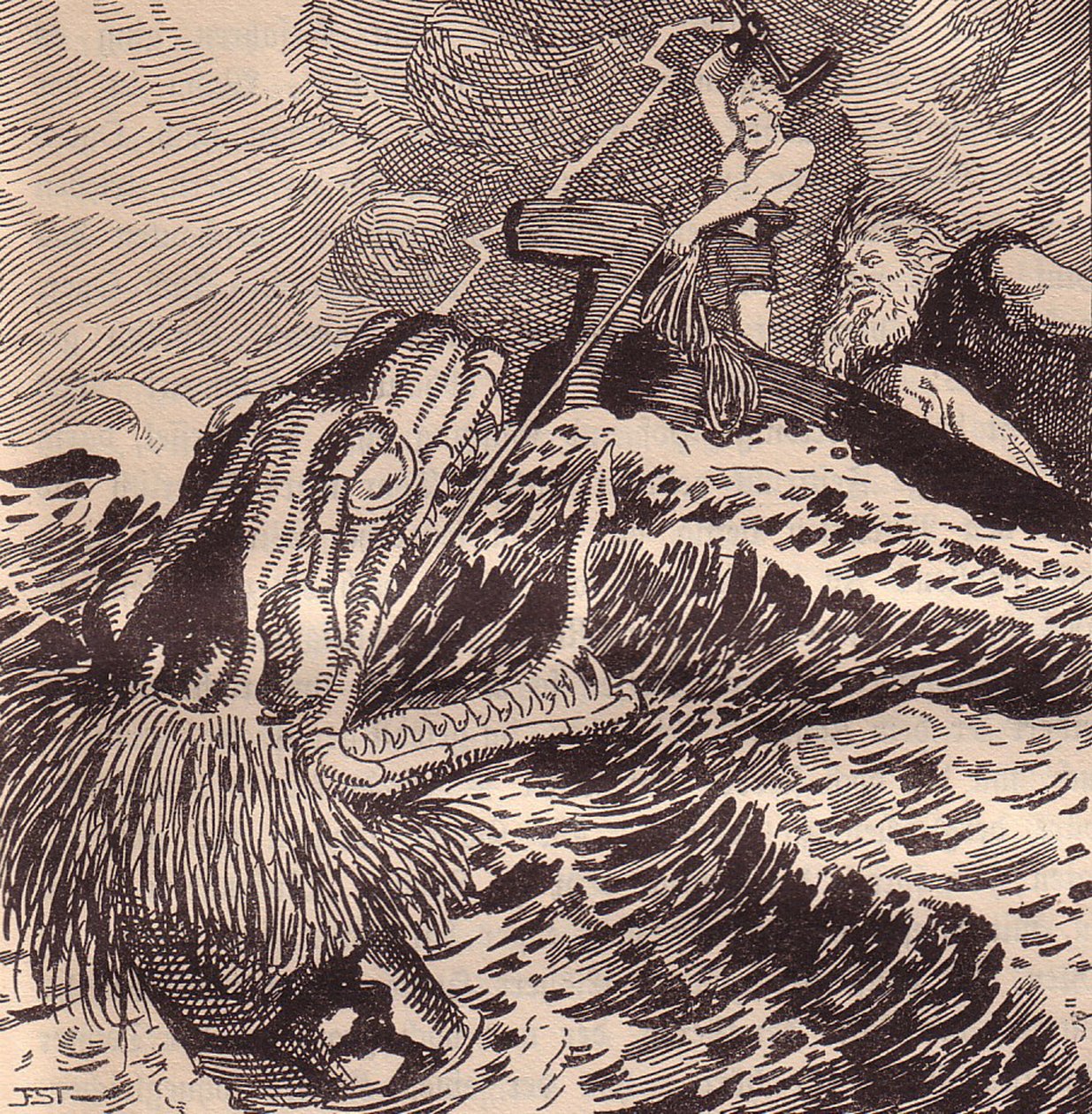 Thor y Hymir pescando. Ilustración para La Edda: Dioses y héroes germánicos por Hans von Wolzogen de Franz Stassen