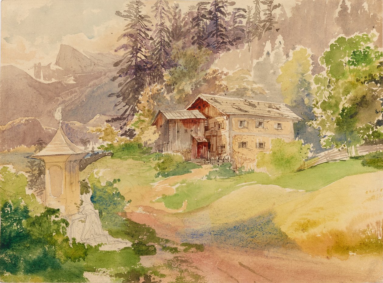 Paisaje alpino con casa de campo y mujer frente a un santuario de Franz Steinfeld