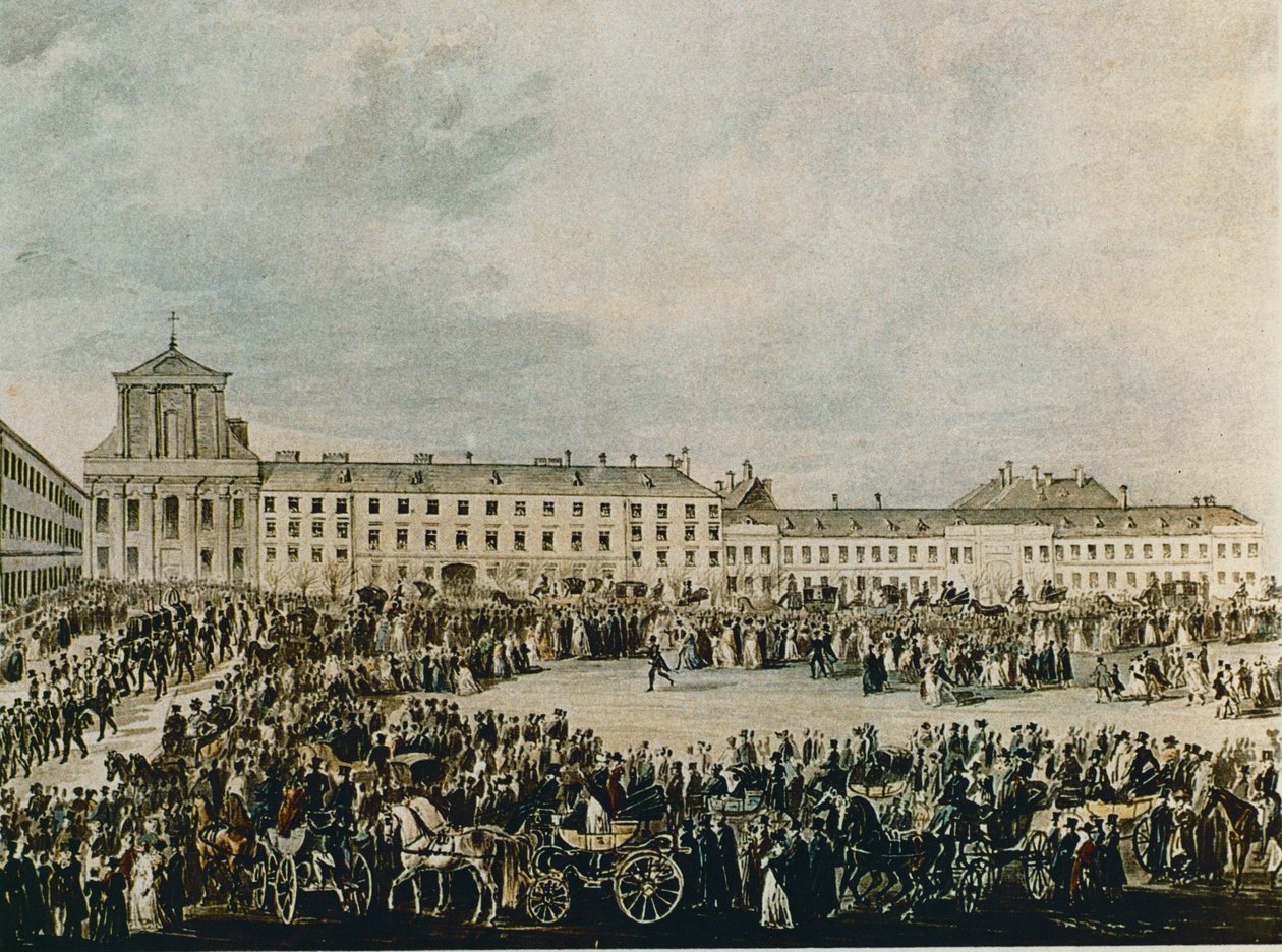 Cortejo fúnebre de Ludwig van Beethoven en 1827 desde la Schwarzspanierhaus hasta la iglesia de la Santísima Trinidad en la Alsergasse, Viena (acuarela) de Franz Stober