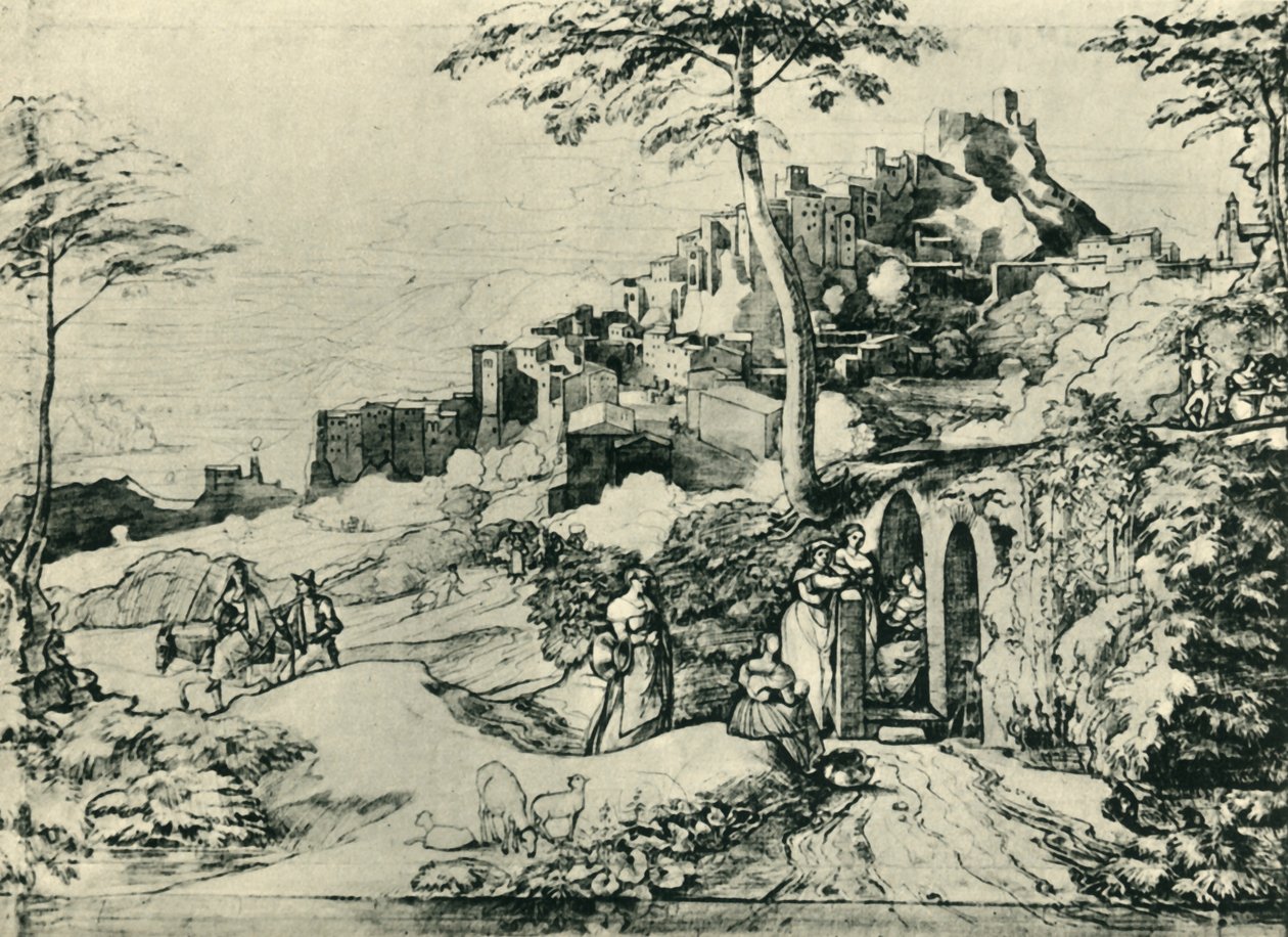 Mujeres junto a una fuente de agua en Olevano, cerca de Roma, Italia, 1822, 1943 de Franz Theobald Horny