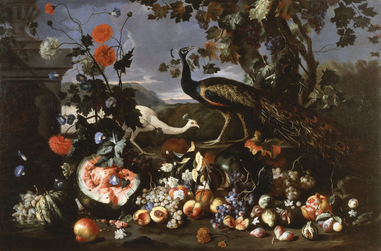 Un pavo real y una gallina con frutas y flores en un parque de Franz Werner Tamm
