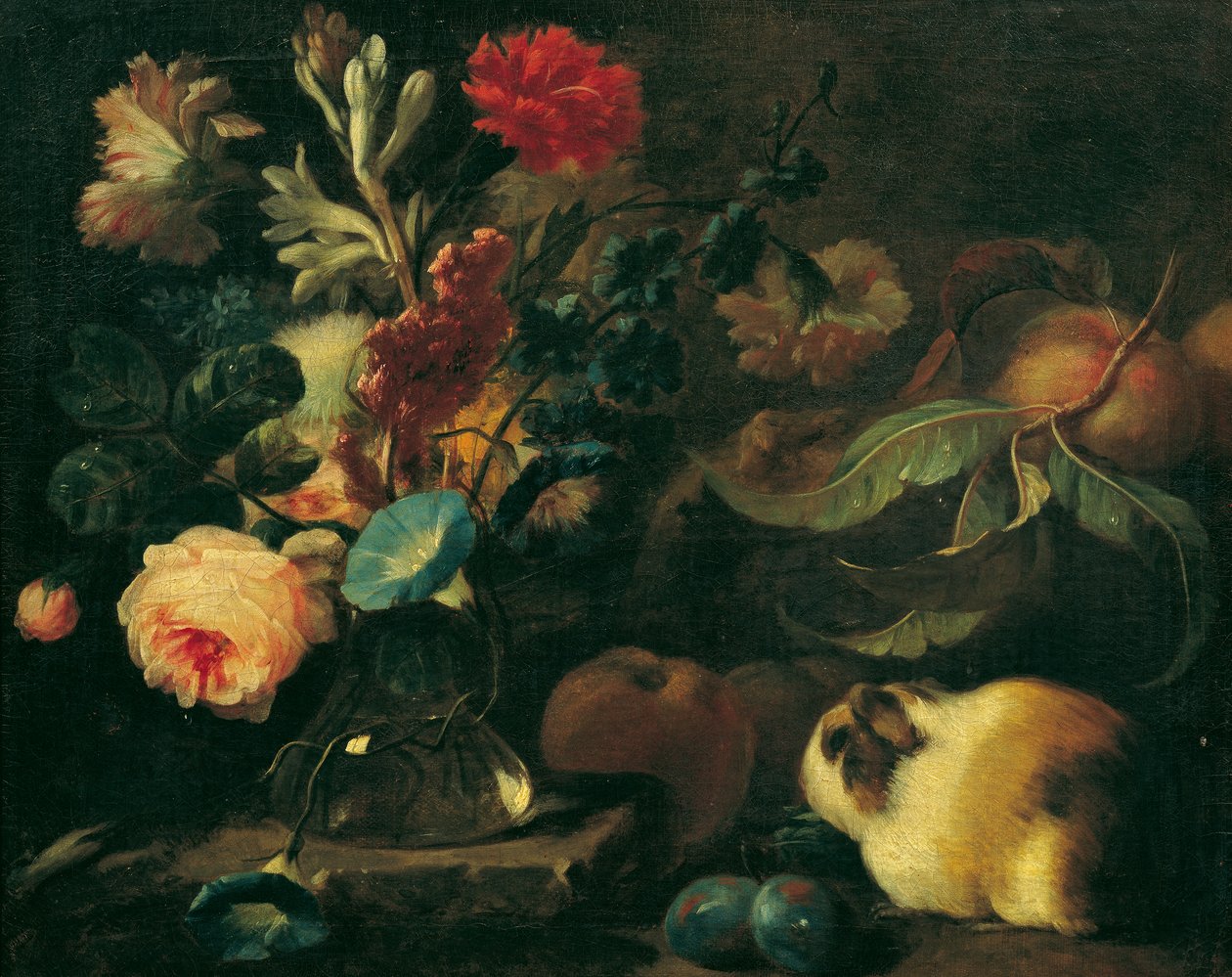 Bodegón con conejillos de indias, flores y frutas de Franz Werner Tamm