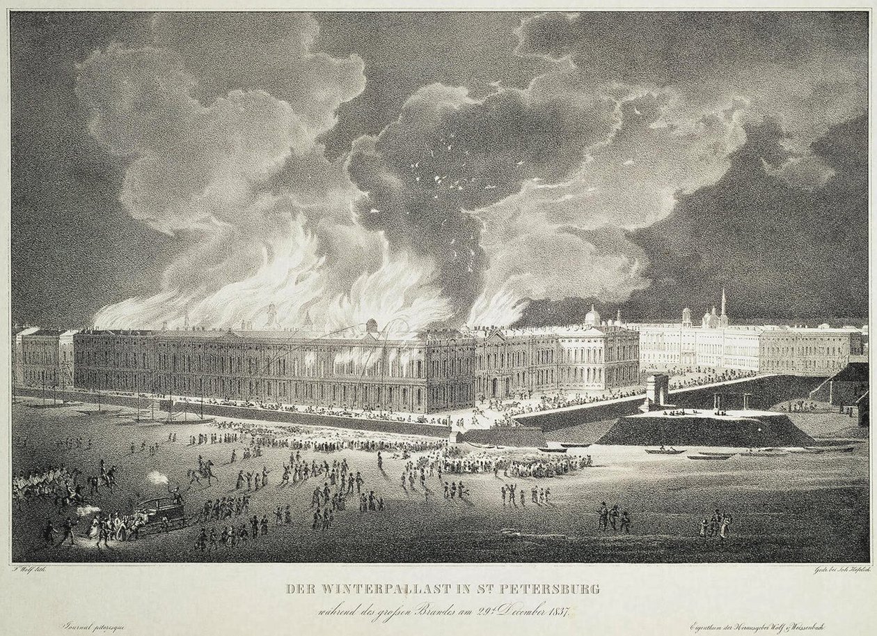 Incendio en el Palacio de Invierno el 29 de diciembre de 1837, c. 1838 de Franz Wolf
