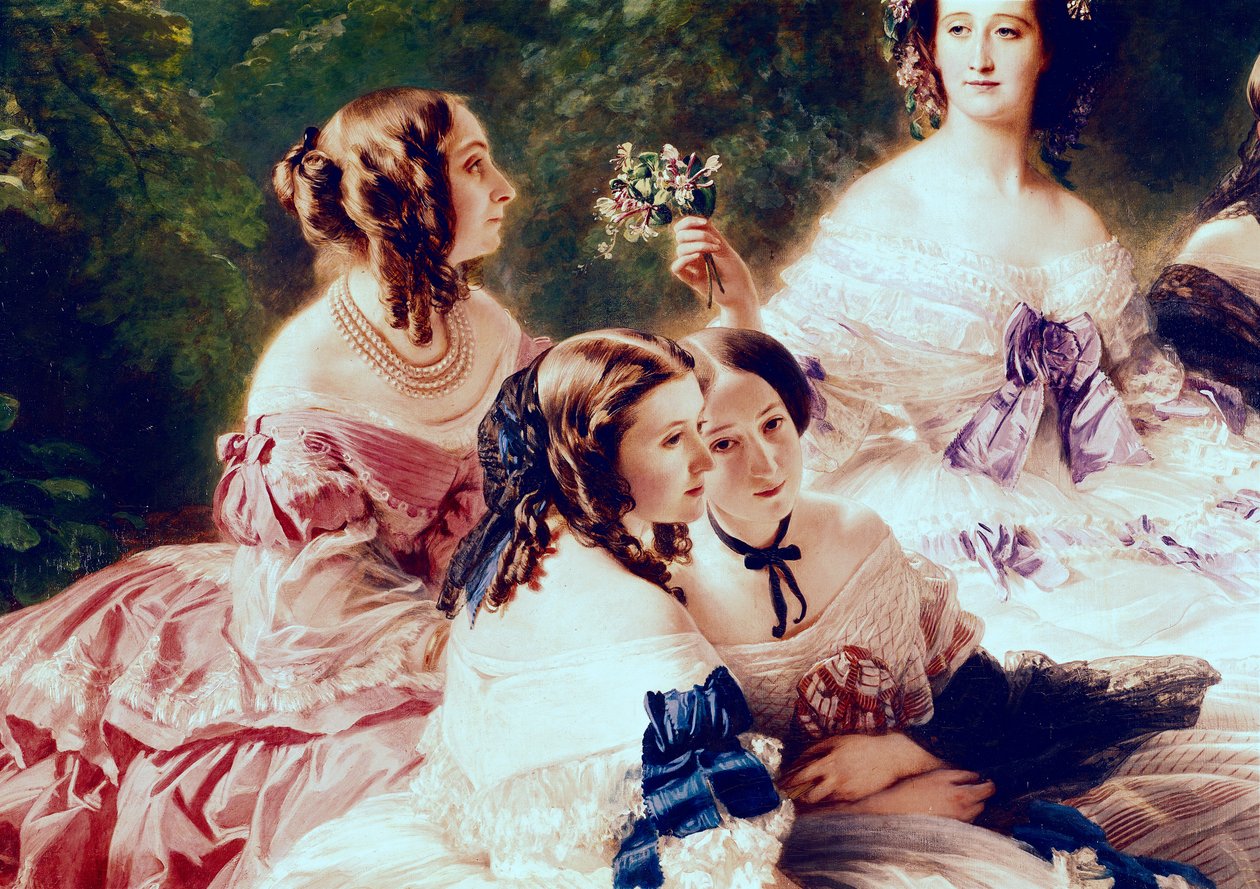 Emperatriz Eugenia (1826-1920) y sus damas de compañía, detalle de la Princesa de Essling, la Baronesa de Pierres y la Vizcondesa de Lezay-Marnesia, 1855 de Franz Xaver Winterhalter