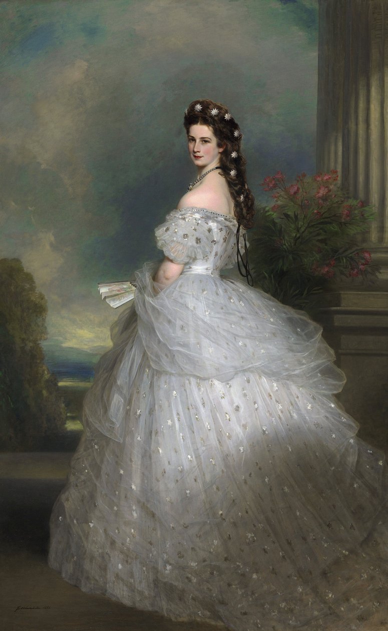 Portugués: Emperatriz Elisabeth de Austria: Su cabello está adornado con estrellas de oro blanco engastadas con diamantes. La emperatriz Isabel de Austria en traje de gala con estrellas de diamantes de Franz Xaver Winterhalter