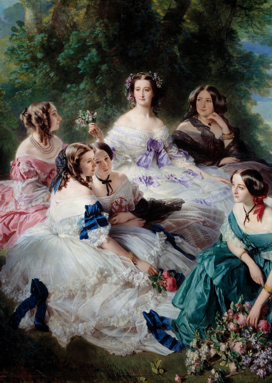 La Emperatriz Eugenia (1826-1920) en 1855 rodeada de las damas de honor del Palacio, representando a la Princesa de Essling, la Baronesa de Stones, la Vizcondesa Lezay-Marnesia, el Emperador en la parte superior en blanco y la Marquesa de Montebello de Franz Xaver Winterhalter
