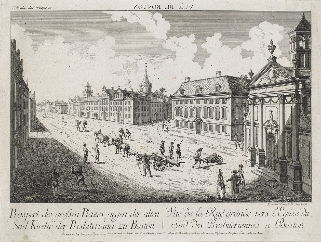 Vista óptica de la gran plaza hacia la Antigua Iglesia Presbiteriana del Sur en Boston, c. 1776 de Franz Xavier Habermann