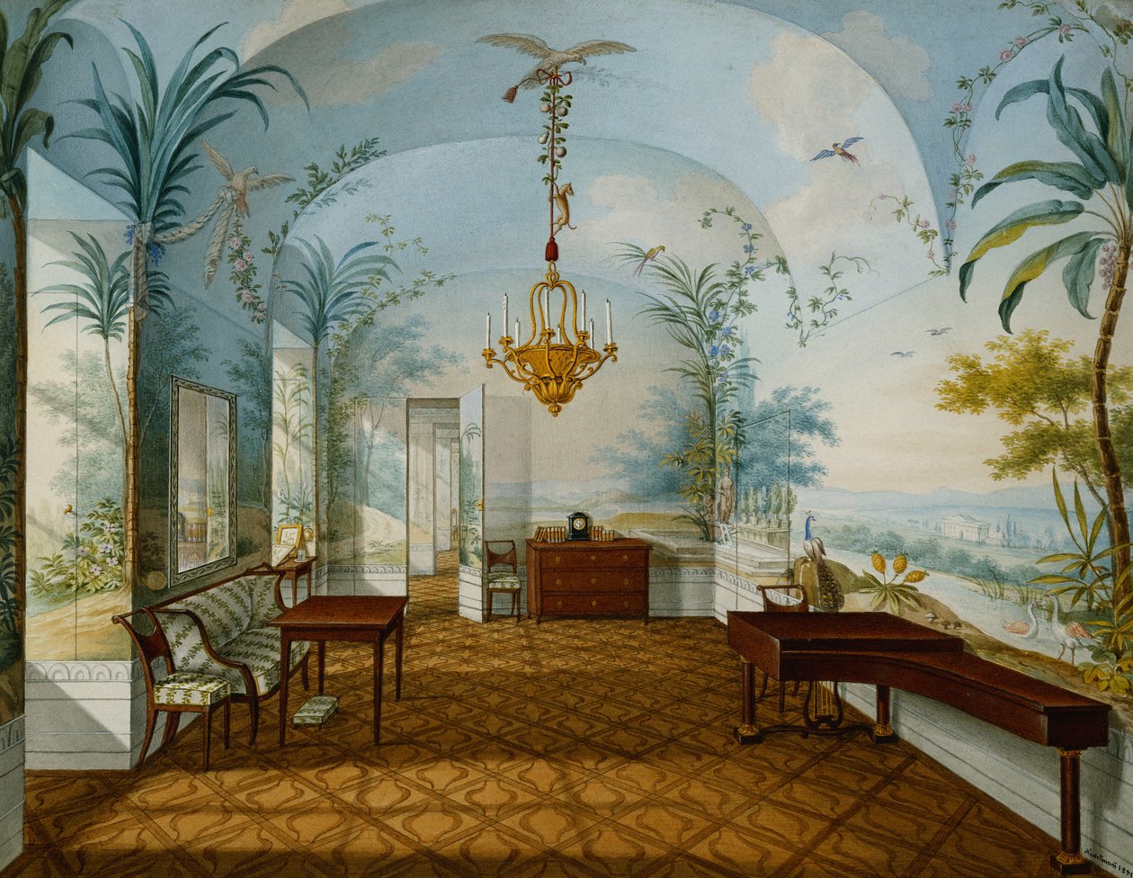 Salón pintado en el Palacio de Schonbrunn llamado Sala de Dibujo de Marian, Schonbrunn, 1831 de Franz Xavier Nachtmann