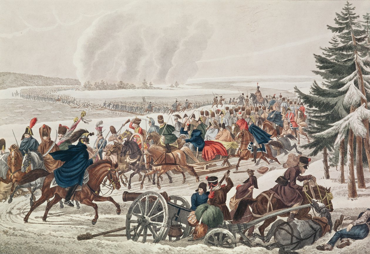 El ejército francés se retira sobre el río Berezina, 26 de noviembre de 1812, grabado por J.A. Klein de Franz von Habermann