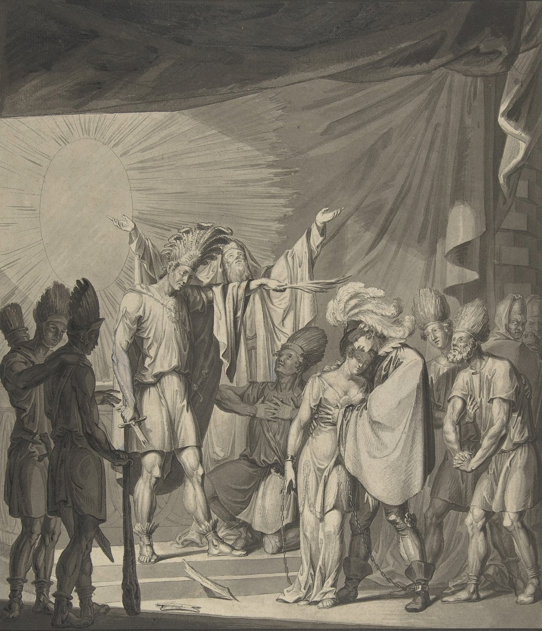 Rey Sol ungiendo a una pareja atada, de Die Sonnenjungfrau de August von Kotzebue de Franz von Hauslab