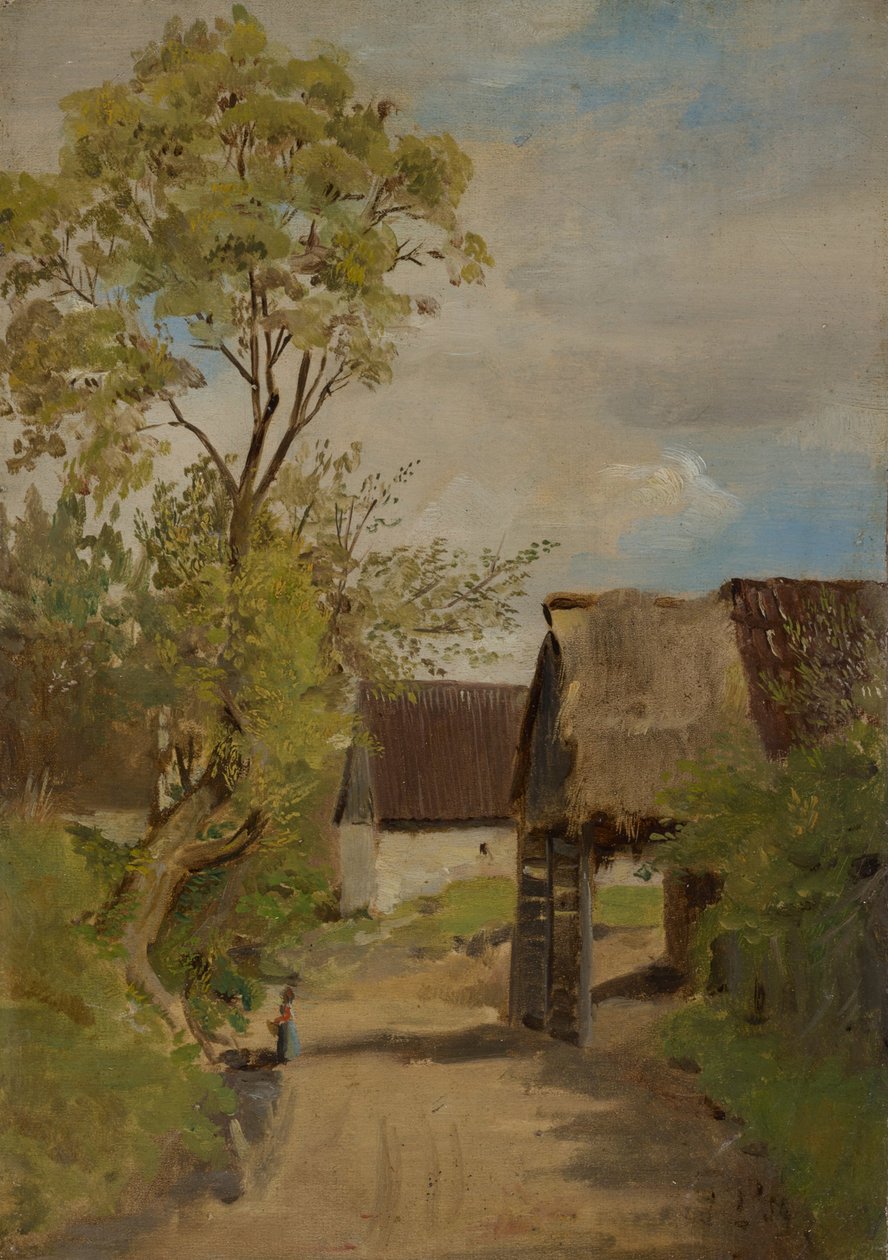 Calle del pueblo de Aresing (?) con una figura femenina de Franz von Lenbach