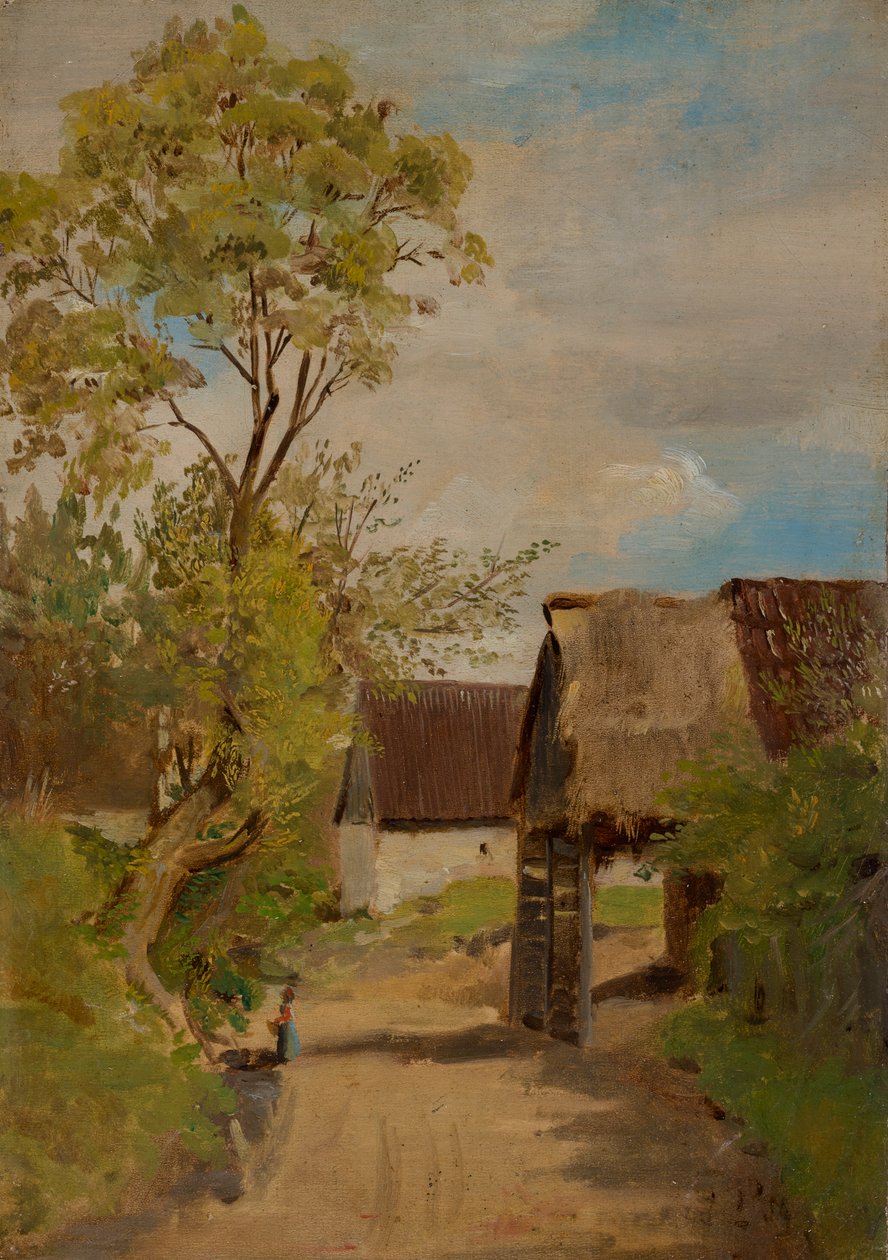 Calle de pueblo en Aresing (?) con figura femenina de Franz von Lenbach