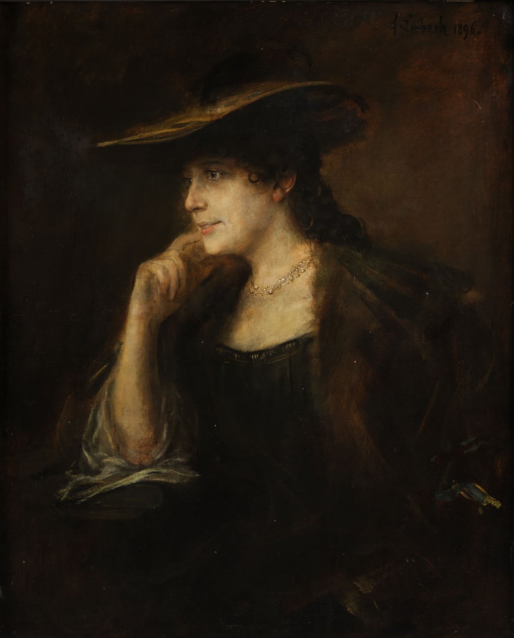 Retrato de una joven con cuello de piel y sombrero de ala ancha de Franz von Lenbach