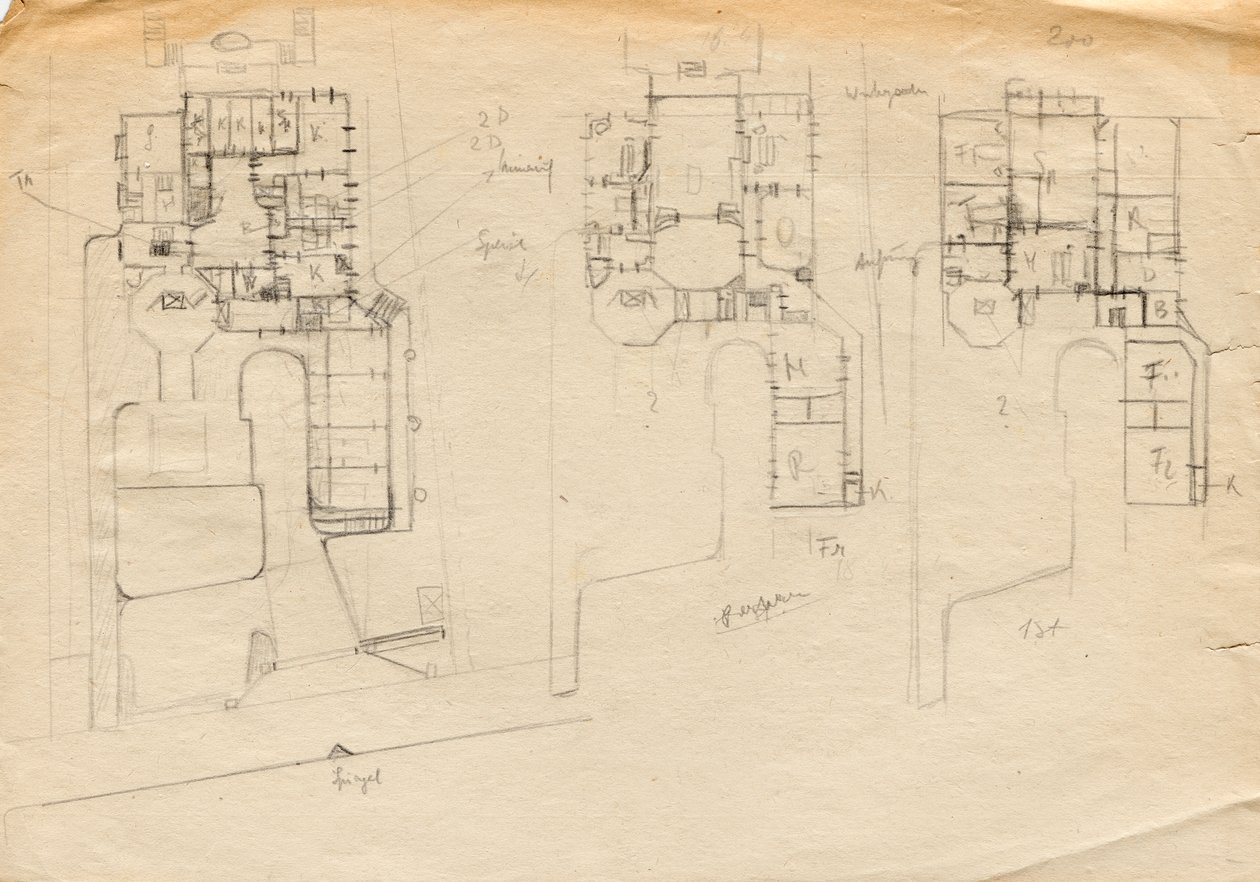 Bocetos de diseño para Matcha Atelier Villa - plano de planta de tres pisos de Franz von Matsch