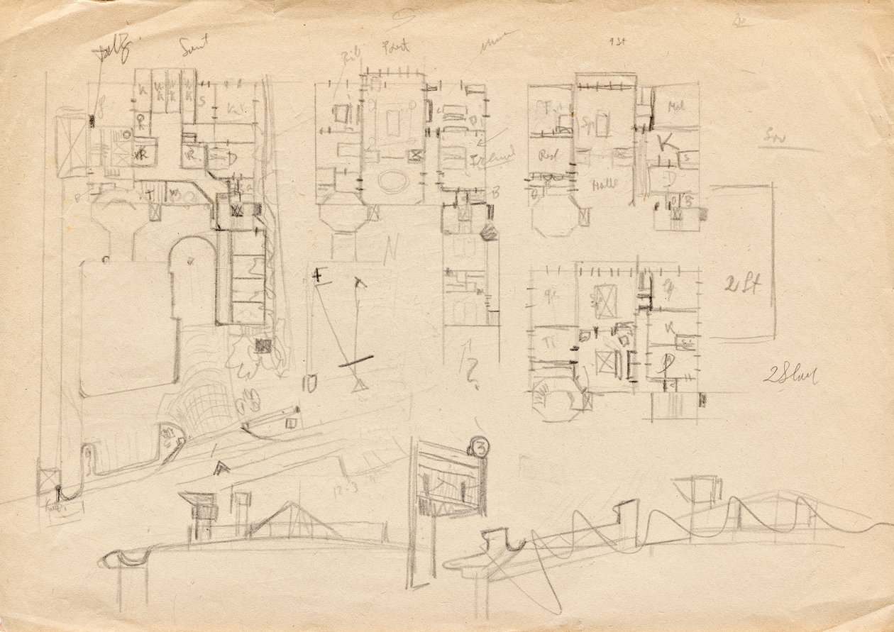 Bocetos de diseño para Matcha Atelier Villa: planos de planta y construcción del techo de Franz von Matsch