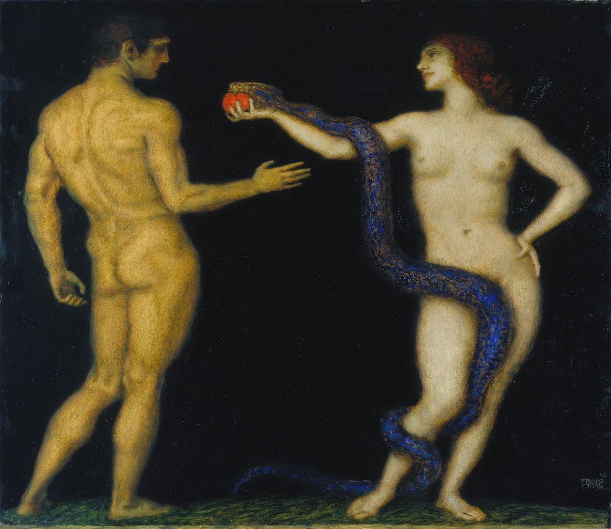 Adán y Eva, c.1920 (temple sobre madera) de Franz von Stuck