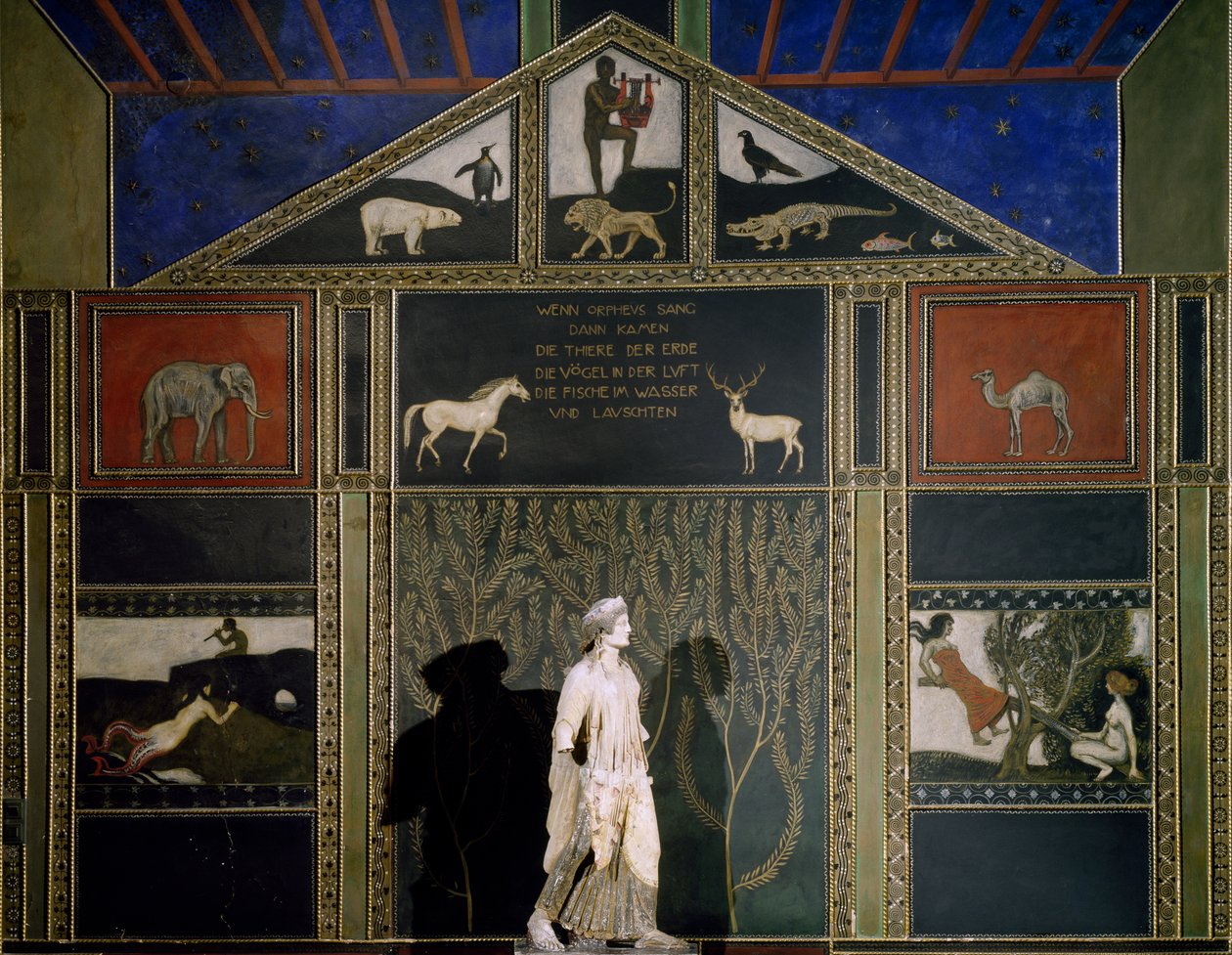 El mito de Orfeo, pintura de Franz von Stuck con el tema y el color típicos de la Secesión, conservada en la pared este del Salón de la Música, Villa Stuck, Munich, Alemania de Franz von Stuck
