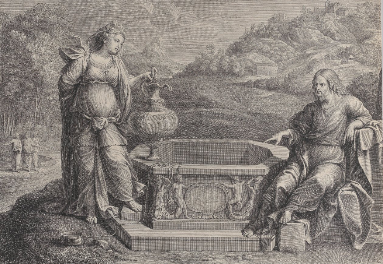 Cristo, sentado a la derecha, y la mujer de Samaria, que está de pie a la izquierda, ca. 1729 de Frédéric Horthemels