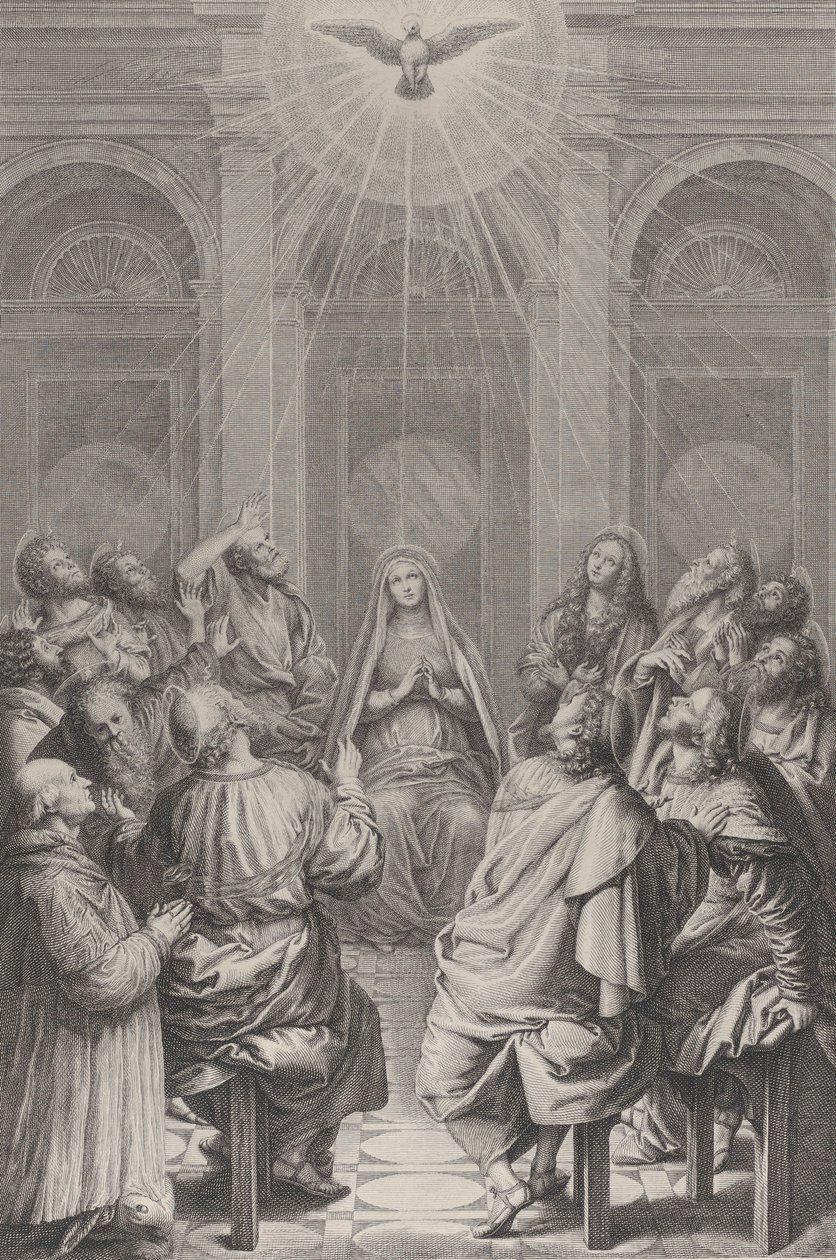 El Pentecostés, con los Apóstoles y la Virgen sentados en círculo, el Espíritu Santo ap..., 1729-40 de Frédéric Horthemels