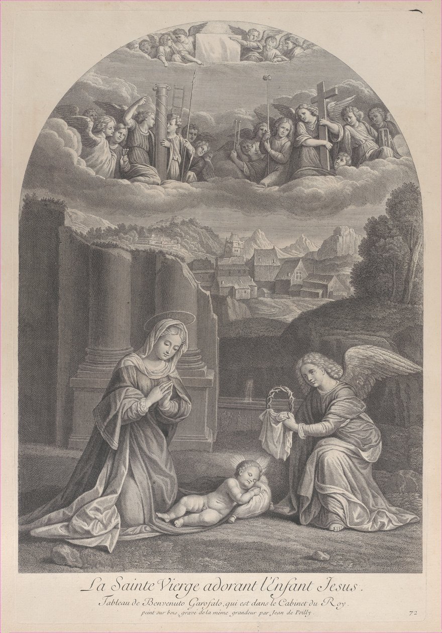 La Virgen María adorando al niño Cristo, un ángel sosteniendo una corona de espinas a la derecha, ca. 1729 de Frédéric Horthemels