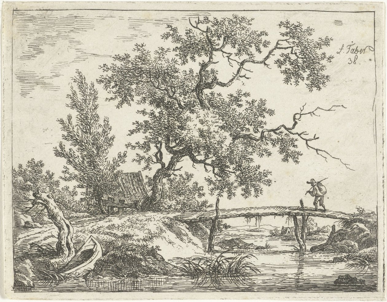 paisaje con hombre en puente de Frédéric Théodore Faber