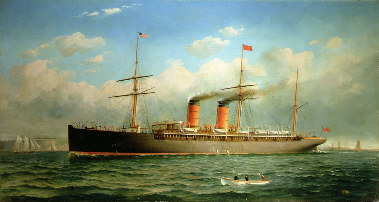 El transatlántico Cunard R.M.S. Umbría frente a Brooklyn Heights, en el East River, Nueva York de Fred Pansing