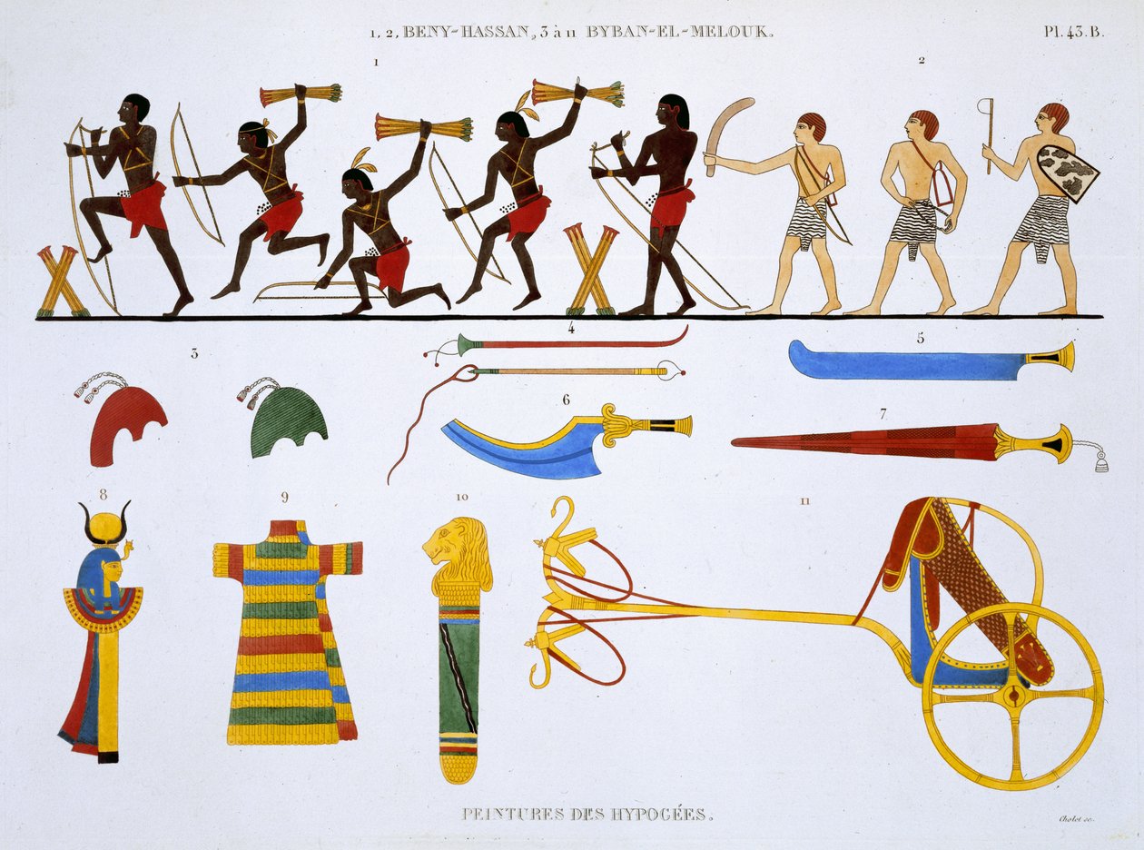 Arqueros del Ejército y Artículos Militares, de un Registro Raro de Frescos de Tebas, registrado 1819-1822 en su segunda visita a Egipto por Frederic Cailliaud (1787-1869), litografía en color de Frederic Cailliaud