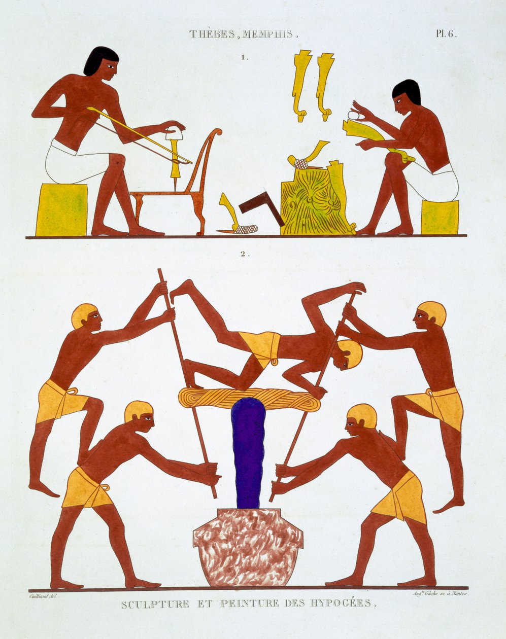 Carpintería y teñido de hilo de tela, de un raro registro de frescos de Tebas, registrado 1819-1822 en su segunda visita a Egipto por Frederic Cailliaud (1787-1869), litografía en color de Frederic Cailliaud