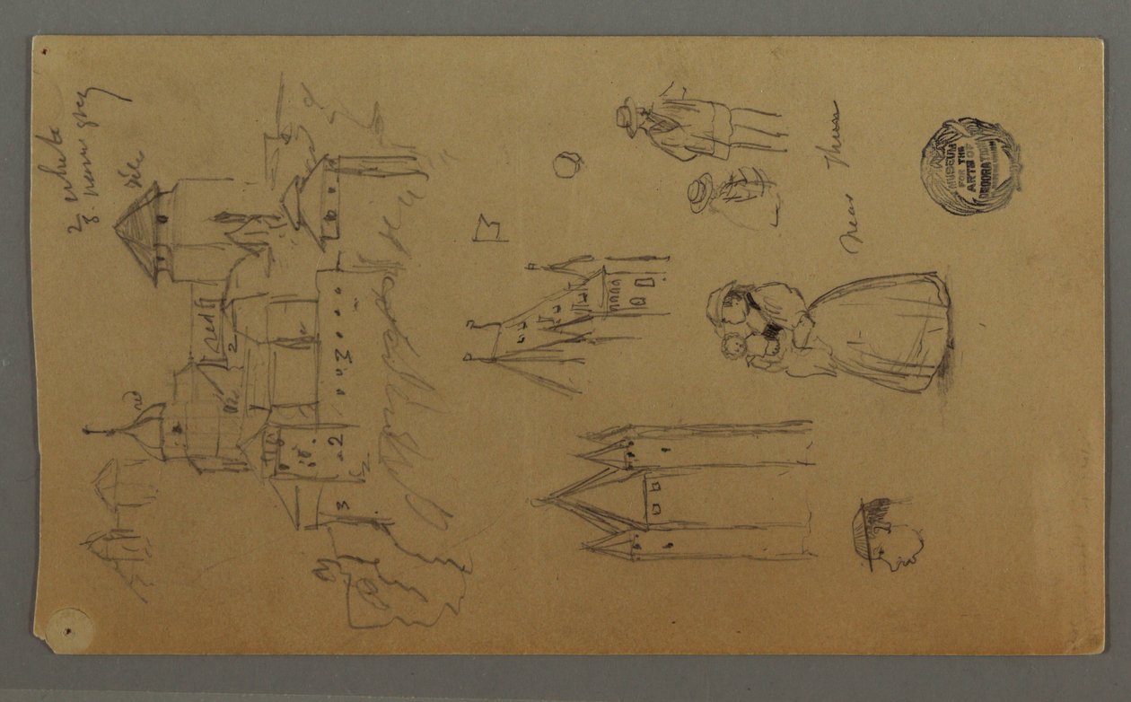 Dibujo, castillo medieval, dos torres, estudios de figuras, cerca de Thun, posiblemente 1868 de Frederic Edwin Church