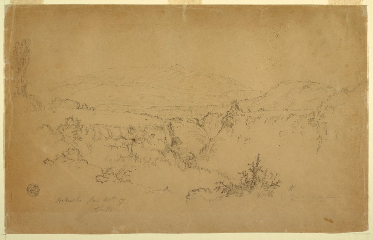 Dibujo, Vista del Monte Pichincha desde Chillo, Ecuador, 26 de junio de 1857 de Frederic Edwin Church