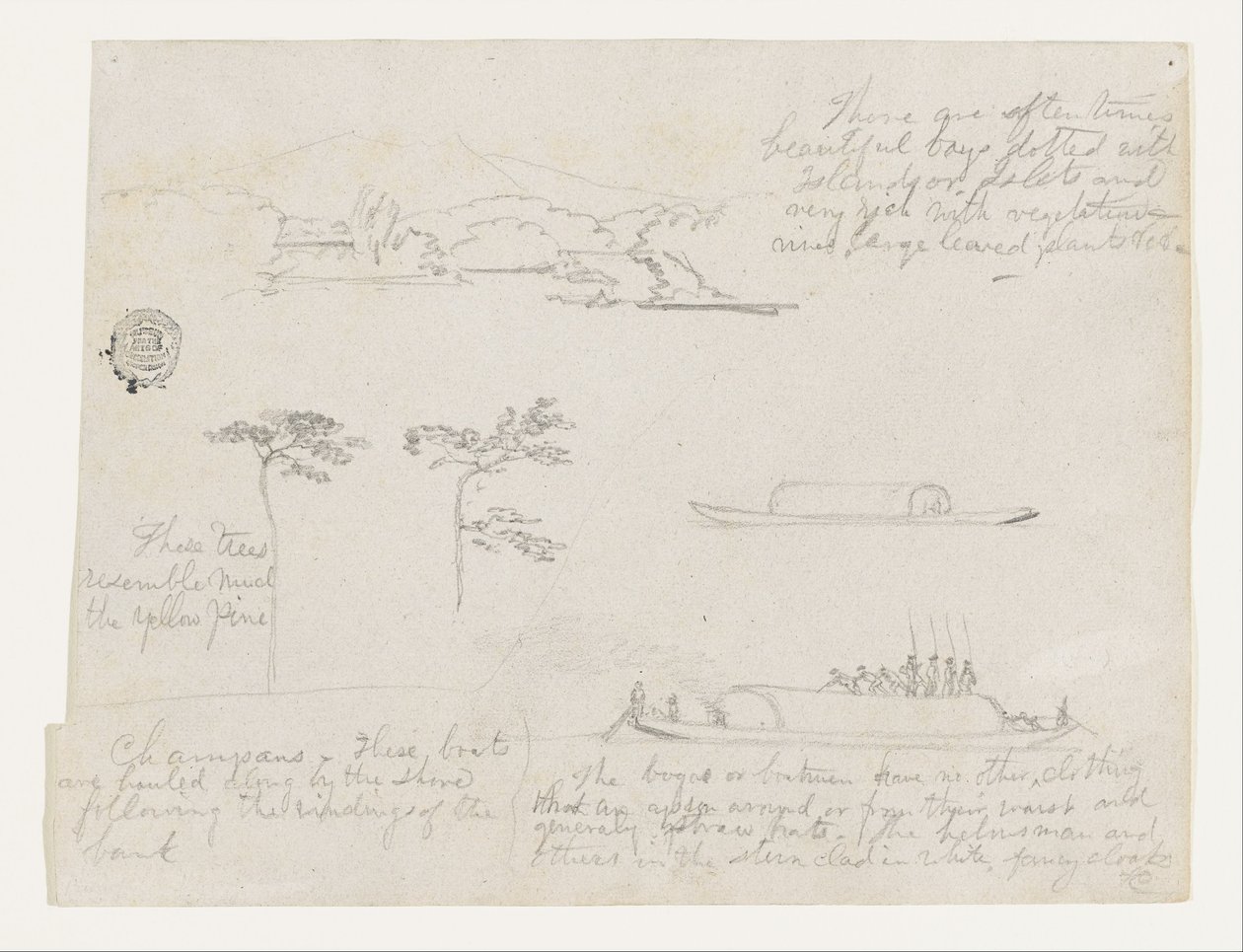Bocetos de Colombia - Árboles y embarcaciones fluviales (Champans) de Frederic Edwin Church