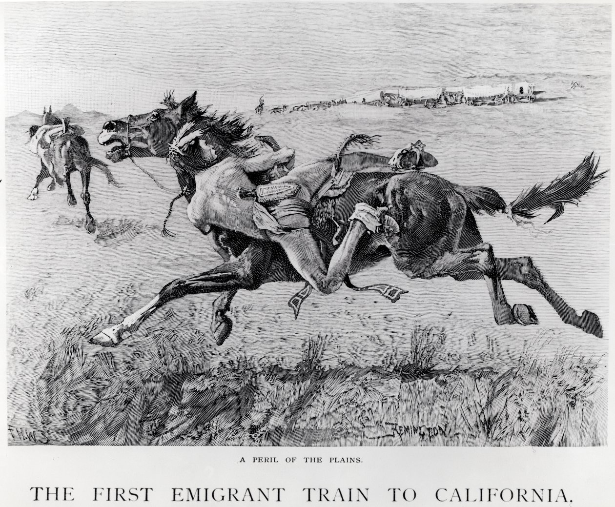 Un peligro de las llanuras, el primer tren de emigrantes a California, grabado por F.H.W. de Frederic Remington