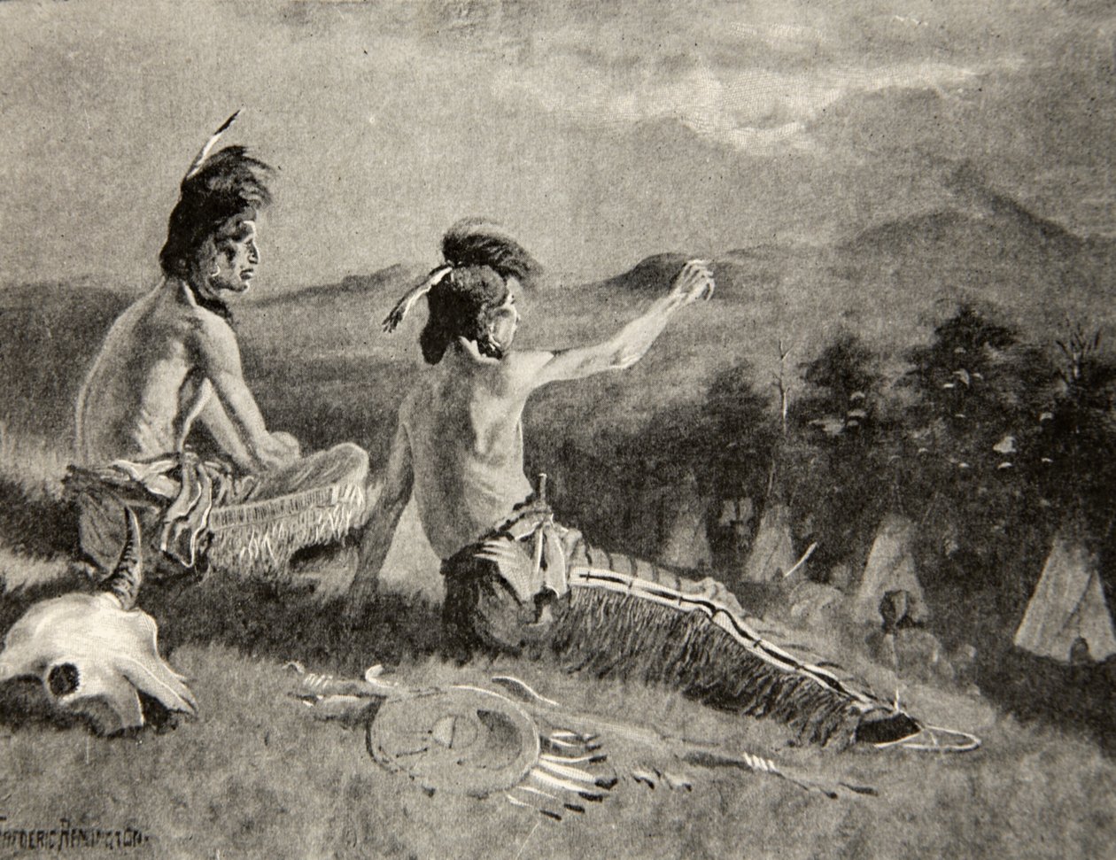 Todas las tribus vieron la señal, vieron el humo distante ascendiendo, de La canción de Hiawatha por Henry Wadsworth Longfellow (1807-82), pub. por George G. Harrap y Company Ltd., 1911 de Frederic Remington