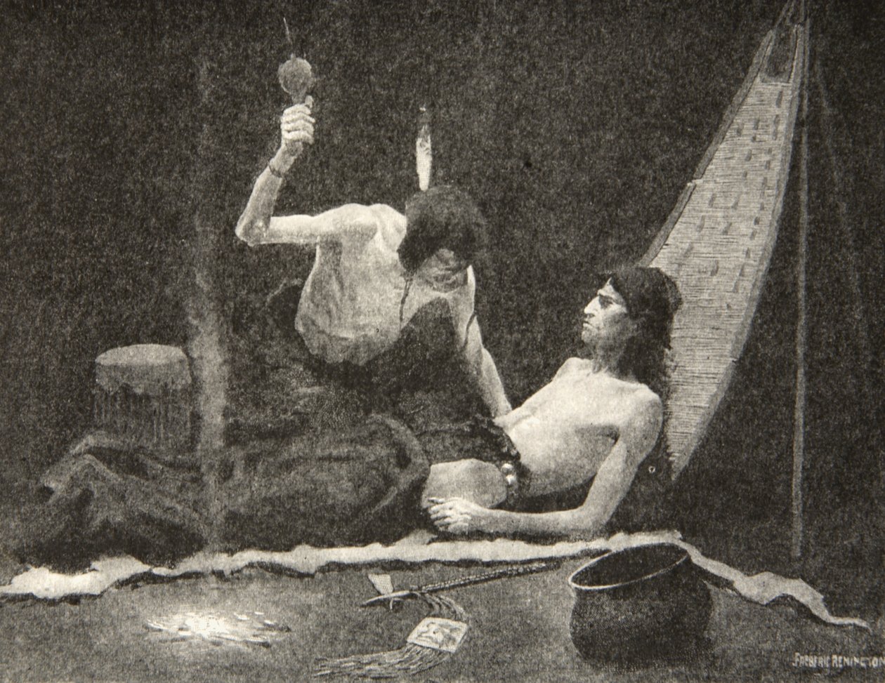 Puedo soplarte fuerte, hermano mío, puedo sanarte, Hiawatha!, de La canción de Hiawatha de Henry Wadsworth Longfellow, pub. por George G. Harrap y Company Ltd., 1911 de Frederic Remington