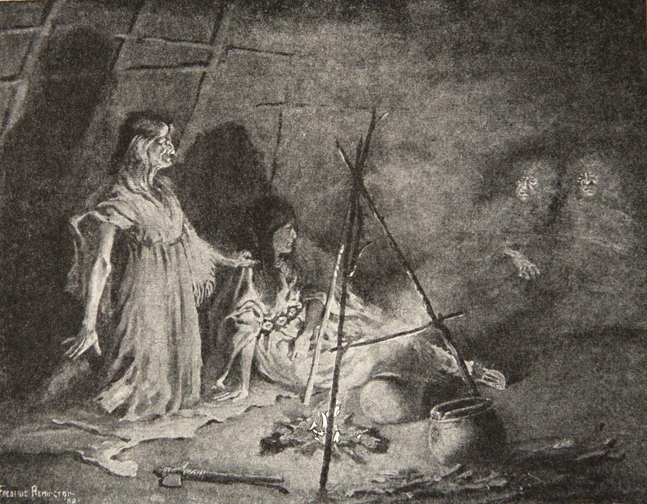 Sentado en el rincón más alejado, agachado entre las sombras, de La canción de Hiawatha por Henry Wadsworth Longfellow (1807-82), pub. por George G. Harrap y Company Ltd., 1911 de Frederic Remington