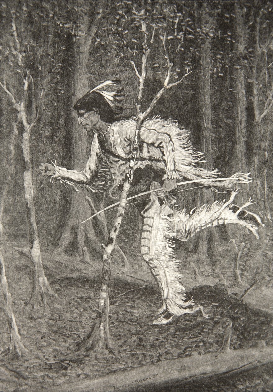 A través de matorrales y bosques, corrió el astuto Pau-Puk-Keewis, de La canción de Hiawatha por Henry Wadsworth Longfellow (1807-82), pub. por George G. Harrap und Company Ltd., 1911 de Frederic Remington