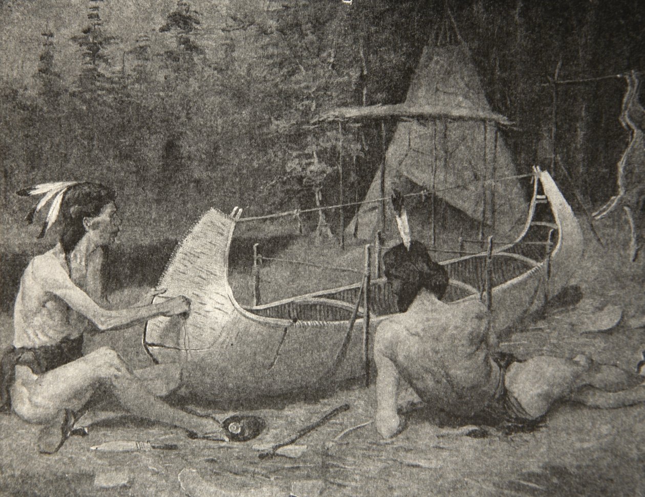 Así se construyó la canoa de abedul... En el seno del bosque, de La Canción de Hiawatha por Henry Wadsworth Longfellow, pub. por George G. Harrap y Compañía Ltd., 1911 de Frederic Remington
